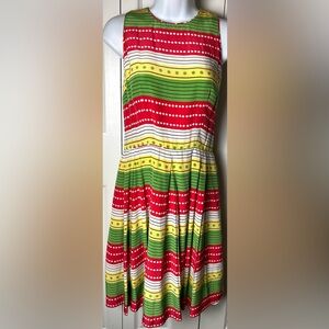 SARA CAMPBELL Dress Sleeveless 100% Silk Striped Red Green Yellow Fit Flare Sz 6